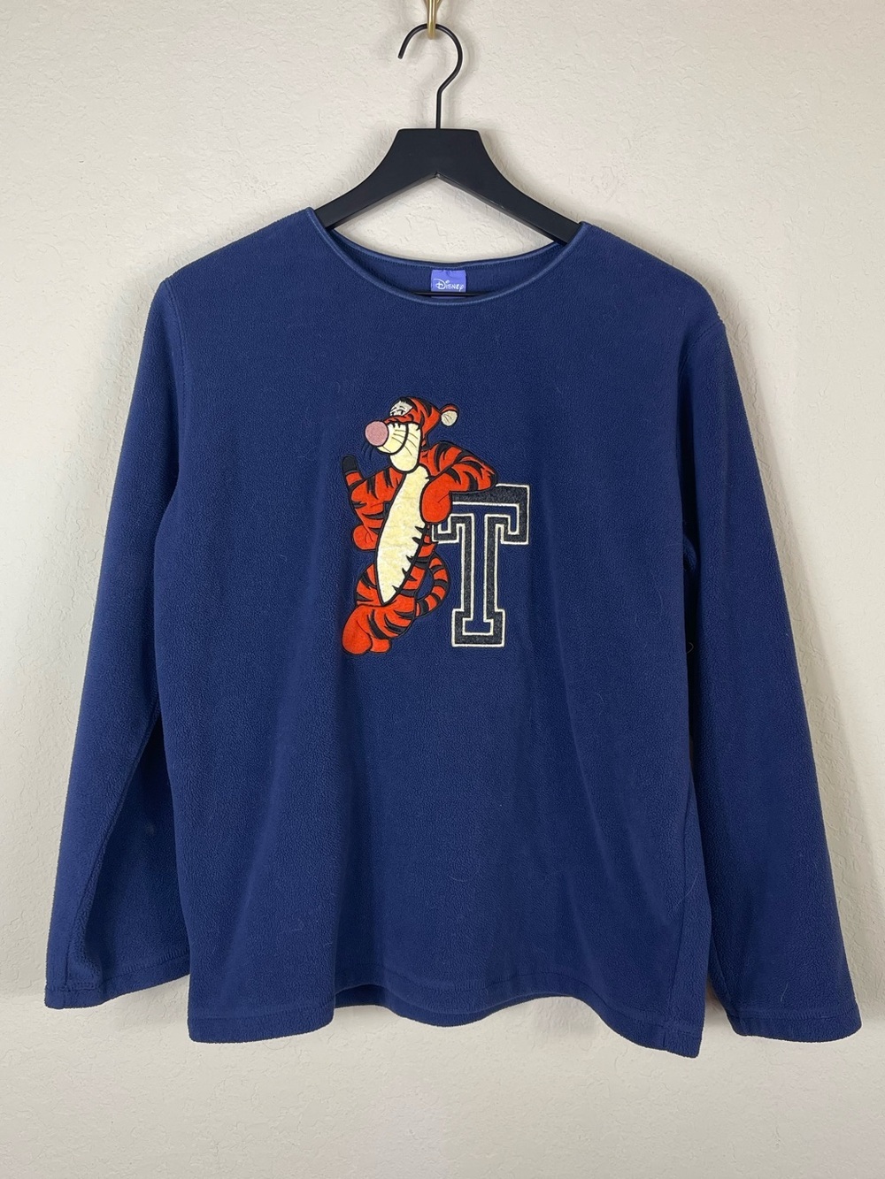Vintage Disney Tigger Varsity Letter T Fleece Sweatshirt Top Navy Blue Size L